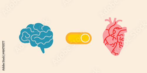 Switch between brain and heart. Turn off the mind, turn on the senses. Listen to your heart. Vector cute illustration.
