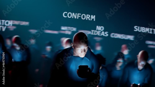 Man hypnotized by his mobile walks in the dark crowd. Zombie walk.  Mind control