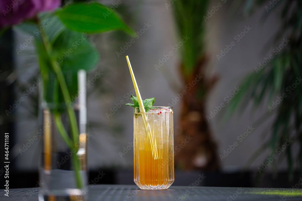 Glass with orange mojito cocktail with lemon and mint, cold refreshing drink or beverage with ice on bright background. Overhead view, copy space. Advertising for cafe menu Glass with orange mojito cocktail with lemon and mint, cold refreshing drink or beverage with ice on bright background. Overhead view, copy space. Advertising for cafe menu