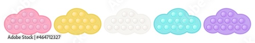 Set of popit clouds as a fashionable silicon fidget toys. Antistress toy for fidget in pastel rainbow colors. Bubble sensory popit toy. Vector illustration isolated on a white background.