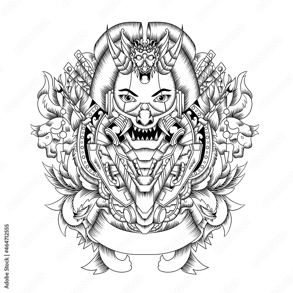 Fototapeta premium Illustration of japanese culture Geisha with mecha theme, perfect for t-shirt design, merchandise design, logo design, etc.