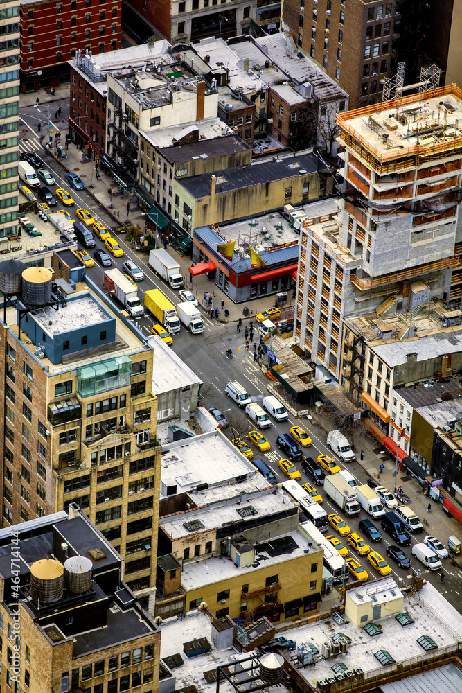 Birdseye View of Heavy Traffic in a One Way Street on Manhattan, New York