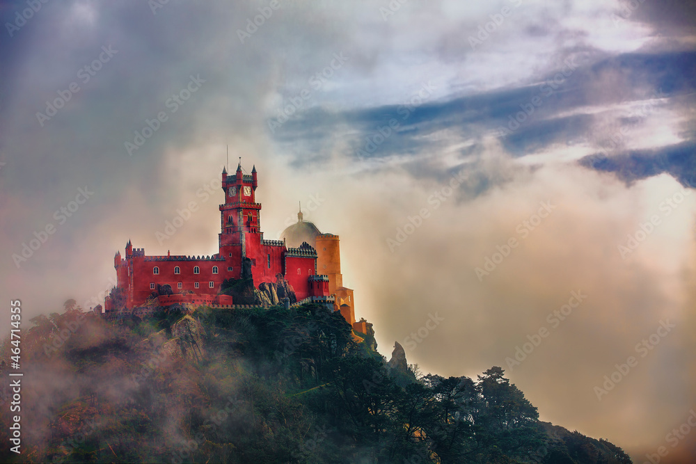 Pena National Palace, Sintra, Portugal, Partly Covered in Afternoon Fog after Rain