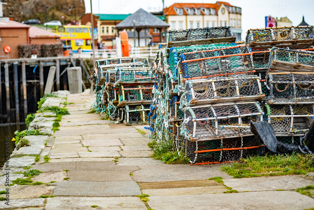  Crab pots, lobster pots, fish traps and gear on Tate Hill Pier in Whitby Harbour