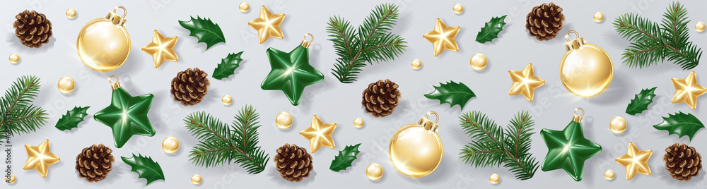 Christmas decorative border and background made of festive decoration elements. New Year concept. Green and gold color Christmas decorative border and background made of festive decoration elements. New Year concept. Green and gold color