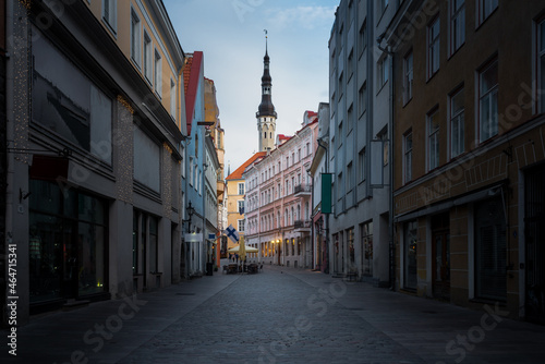 Tallinn old town Viru Street with Tallinn Town Hall Tower on background - Tallinn, Estonia