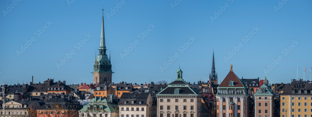 Roofs and churches of the old town Gamla Stan a colorful autumn day in Stockholm