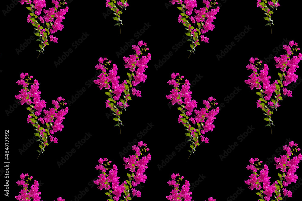 Seamless floral pattern with purple twigs on a black background.