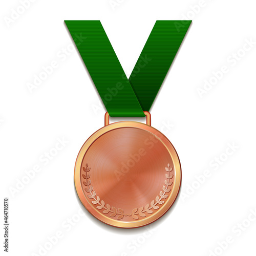 Champion bronze medal with with a concentric circle texture pattern and green ribbon.