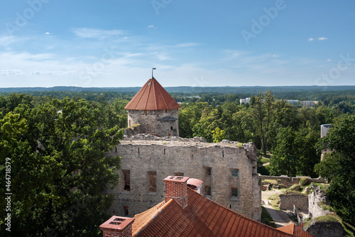 Aerial view of Cesis Castle - Livonian Order medieval castle ruins - Cesis, Latvia
