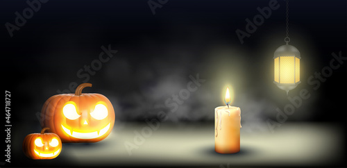 halloween pumpkin, Jack O Lantern, with an evil face and eyes on a wooden bench, table with a misty gray coastal night background with space for product placement.