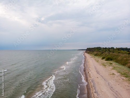 Areal drone helicopter view of baltic sea beach near jurkalne.