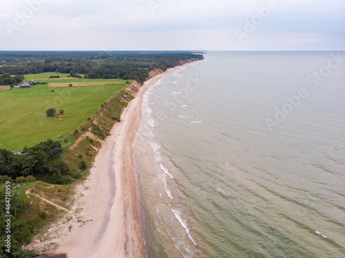 Areal drone helicopter view of baltic sea beach near jurkalne.