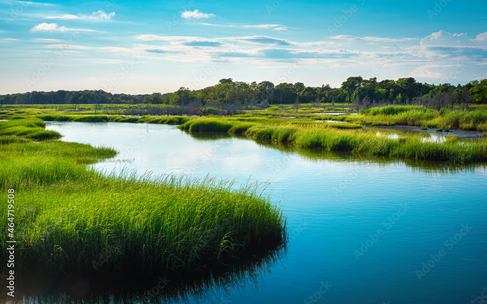 Curving river and green marshland on Cape Cod at high tide. Vibrant colors of the green marsh plants and blue sky with reflections on the water surface.