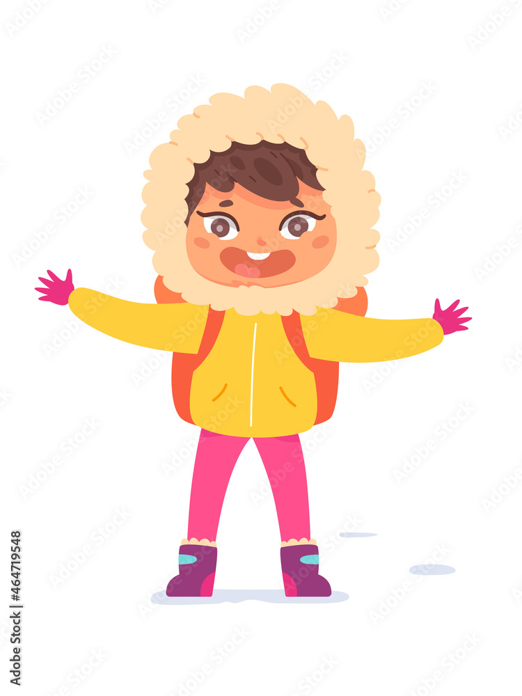 Happy kid enjoying winter hiking adventure, little child with backpack and warm clothes Happy kid enjoying winter hiking adventure, little child with backpack and warm clothes
