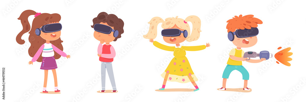 Kids in vr glasses play, virtual reality technology, fantasy experience for children Kids in vr glasses play, virtual reality technology, fantasy experience for children