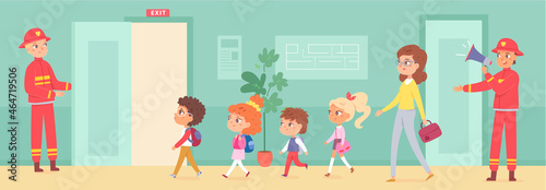 Evacuation educational game with school kids and firefighters, fireman holding megaphone