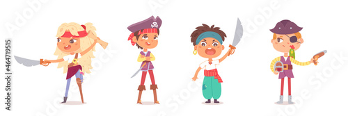 Pirate kid character for Halloween party set, boy girl in sailor or ship captain costume