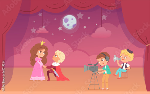 Movie production with kids, movie shooting process, backstage of cinema making team