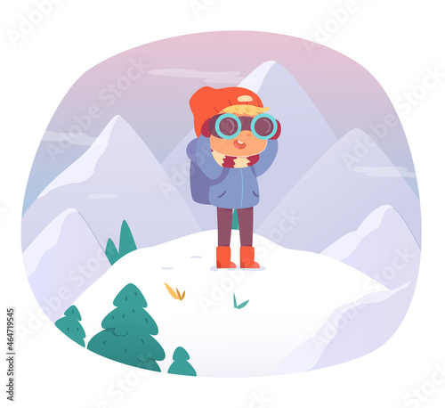 Winter adventure of kid vector illustration. Cartoon child standing on top of mountain, cute hiker boy enjoying winter travel and snow, looking through binoculars isolated on white.