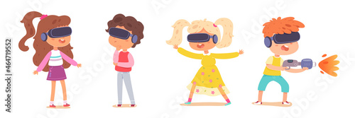 Kids in vr glasses play, virtual reality technology, fantasy experience for children