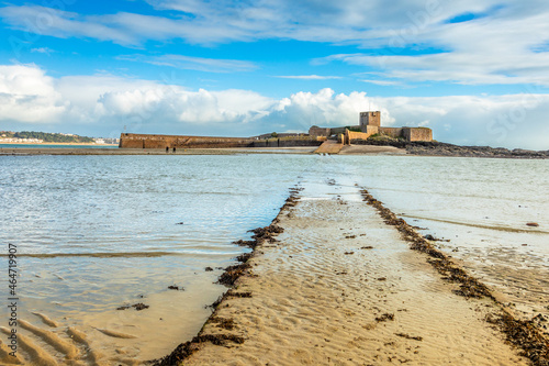 Photography Saint Aubin Fort in a low tide waters, La Manche channel, bailiwick of Jersey, C