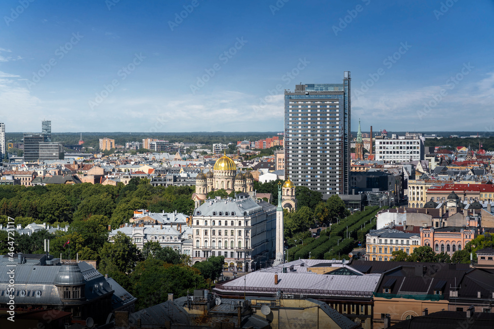 Aerial view of Riga with Nativity of Christ Orthodox Cathedral and Freedom Monument - Riga, Latvia