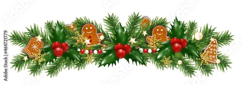 Christmas border decorations garland with fir branches and gingerbread cookies, holly berries, golden snowflakes and beads. Design element for Xmas or New Year on white background.