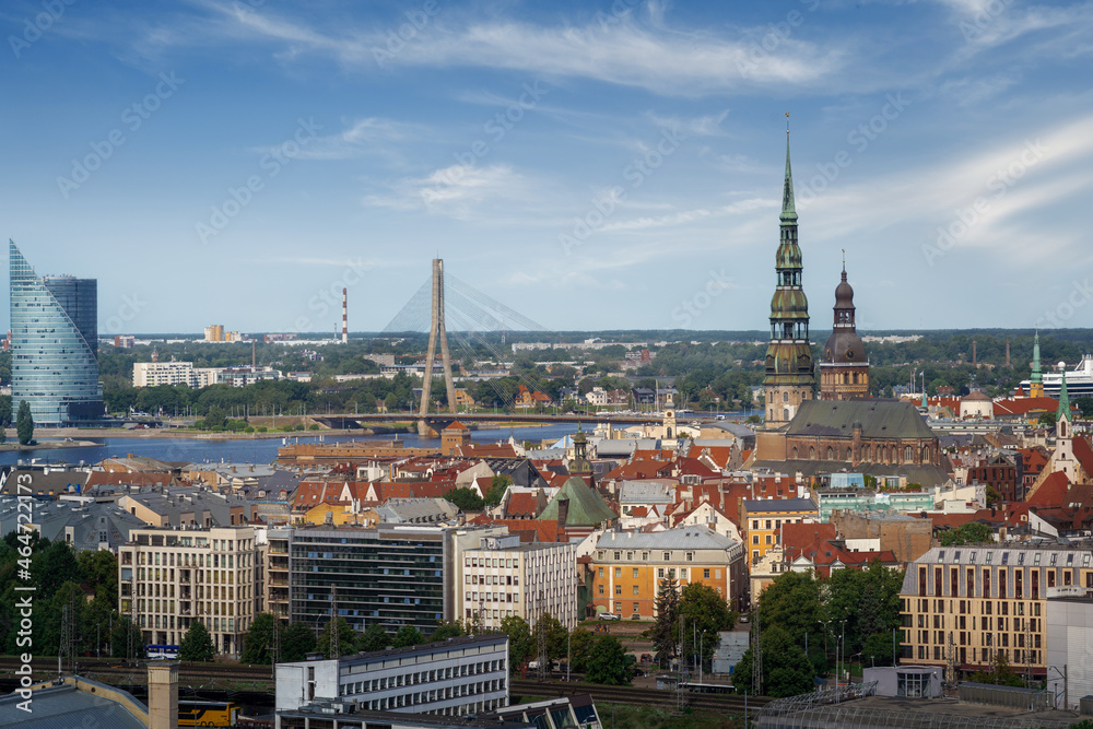 Aerial view of Riga with St Peters Church, Riga Cathedral and Vansu Bridge - Riga, Latvia