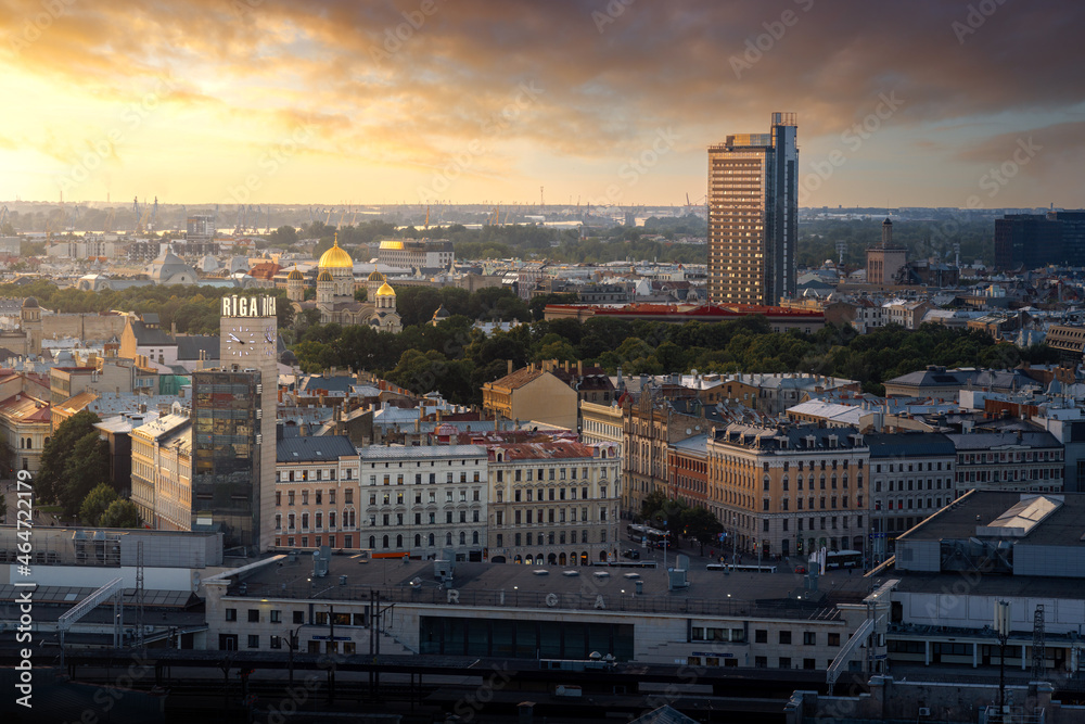 Aerial view of Riga at Sunset with Nativity of Christ Orthodox Cathedral - Riga, Latvia