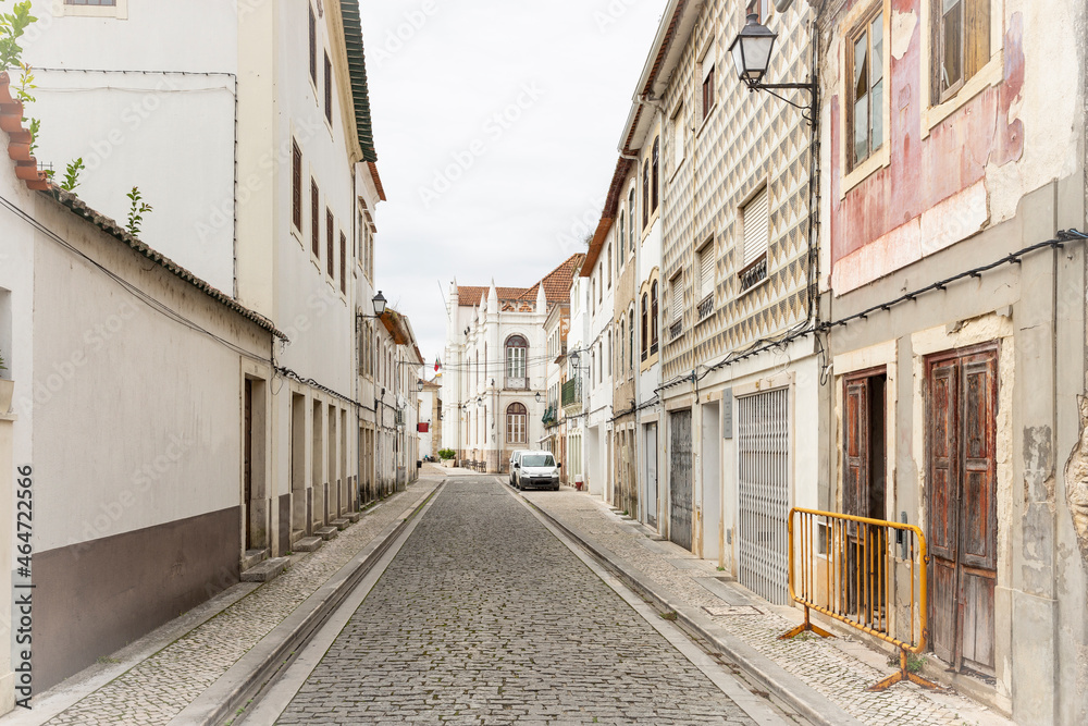 a cobbled street with typical architecture in Montemor-o-Velho town, district of Coimbra, Beira Litoral province, Portugal
