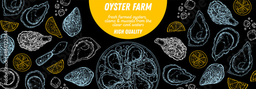 Oysters and oysters dish with lemon and ice sketch. Hand drawn vector illustration. Top view. Design template. Food menu.