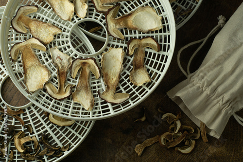 Obraz na płótnie Dry sliced wild porcini mushrooms on food drier sieve and some dry mushrooms in a linen bag on wooden table. Autumn forest food preserved for winter. Living with nature, freegan food collecting w salonie
