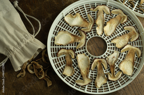 Obraz na płótnie Dried slices of wild porcini mushrooms on a food drier sieve and some dry mushrooms in a linen bag on wooden table. Autumn forest food preserved for winter. w salonie