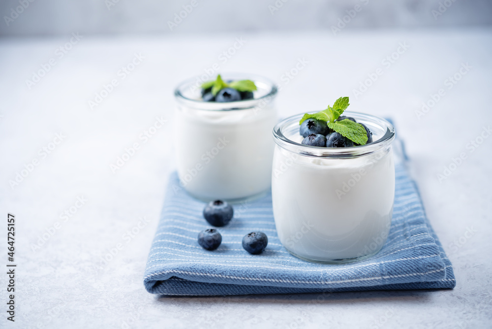 Greek yogurt blueberry parfaits with fresh berries and mint leaves Greek yogurt blueberry parfaits with fresh berries and mint leaves