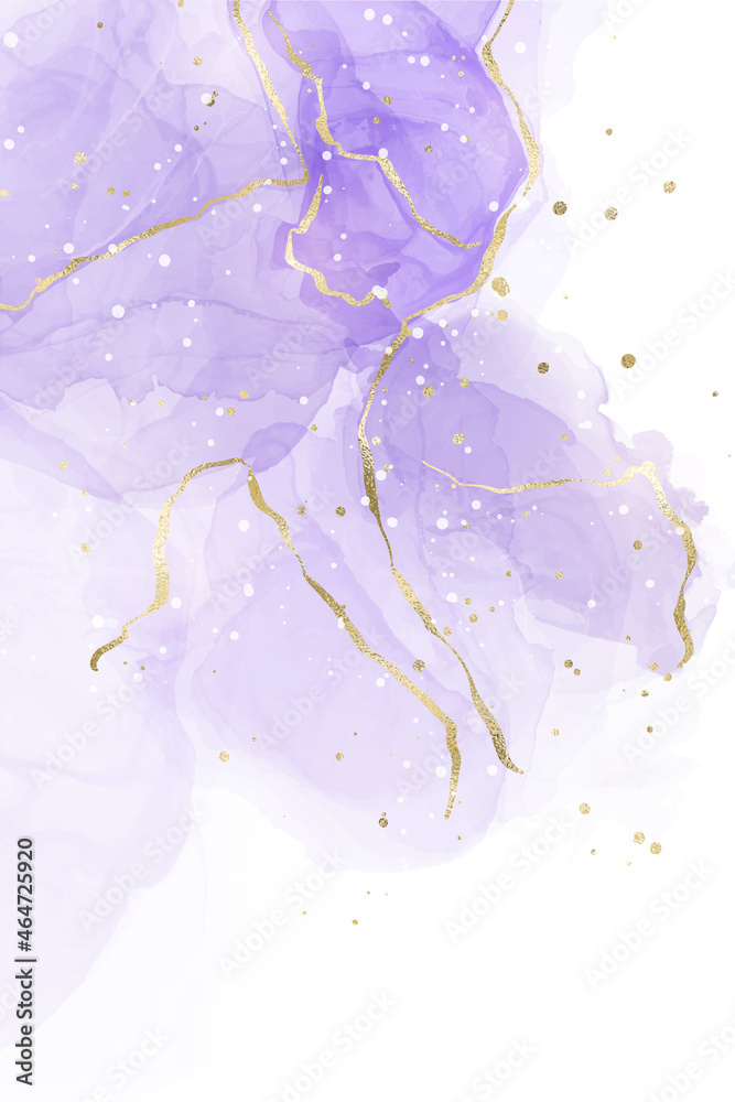 Fototapeta premium Purple lavender liquid watercolor background with golden lines. Pastel violet marble alcohol ink drawing effect. Vector illustration design template for wedding invitation, menu, rsvp