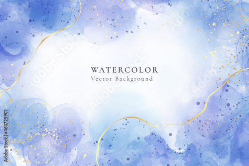 Abstract turquoise and teal blue liquid marbled watercolor background with golden lines and brush stains. Cyan alcohol ink marbled drawing effect. Vector illustration design template for wedding
