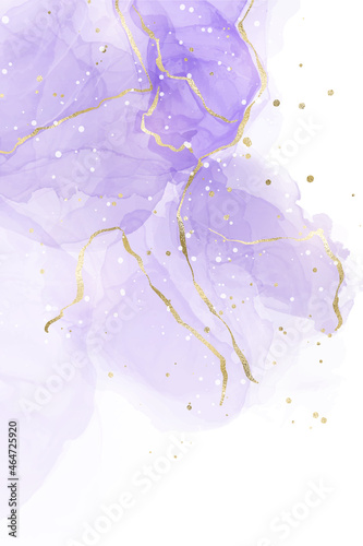 Purple lavender liquid watercolor background with golden lines. Pastel violet marble alcohol ink drawing effect. Vector illustration design template for wedding invitation, menu, rsvp