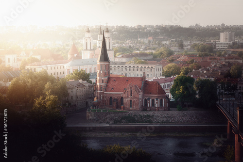 Aerial view of Kaunas and Church of Vytautas the Great at sunset - Kaunas, Lithuania photo