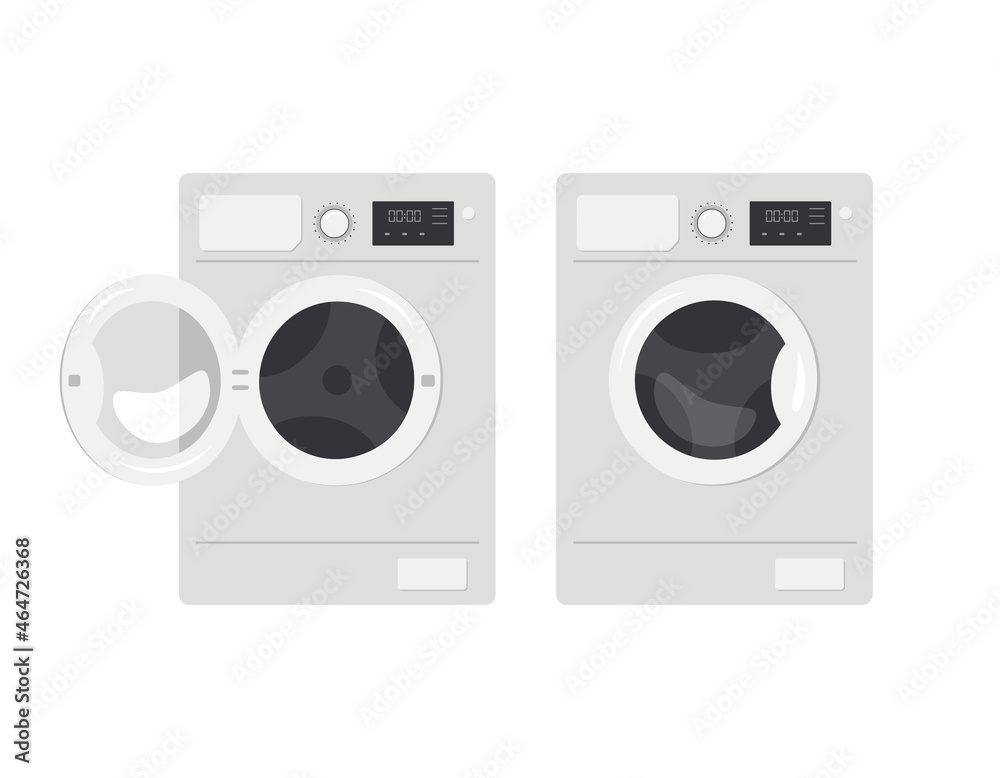 Washing machine icon. Front view of appliances in the bathroom. Vector flat illustration isolated on white background. Washing machine icon. Front view of appliances in the bathroom. Vector flat illustration isolated on white background.