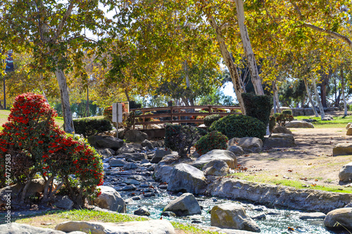  a gorgeous shot of an arched wooden bridge over a river with water rushing over rocks surrounded by lush green and autumn colored trees and blue sky at Kenneth Hahn Recreation Area in Los Angeles CA photo