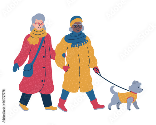 Couple walking a dog on a leash during the winter time. Isolated vector illustration.