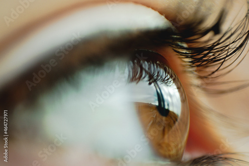 Imagen de un ojo marrón tierra de una chica con máscara de pestañas en un plano detalle casi macro.