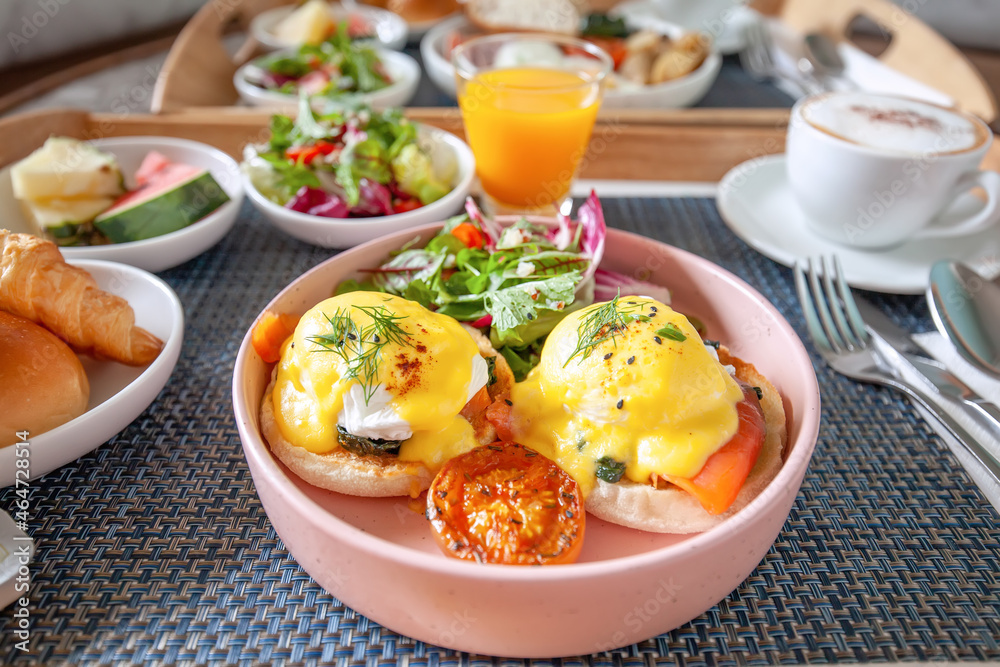 Balanced Healthy Food Rich in Trace Elements and Vitamins. Breakfast Fat, Protein and Carbohydrates - Eggs, Salad of Fresh Vegetable and Herbs, Fruits and Freshly Squeezed Juice. Room Service in Hotel