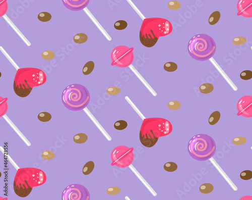 Candy seamless pattern purple background with colorful sweets, delicious caramels, hearts, lollipops, chocolate dragee. Design decor for textiles, menu, children dishes, notebooks. Vector illustration
