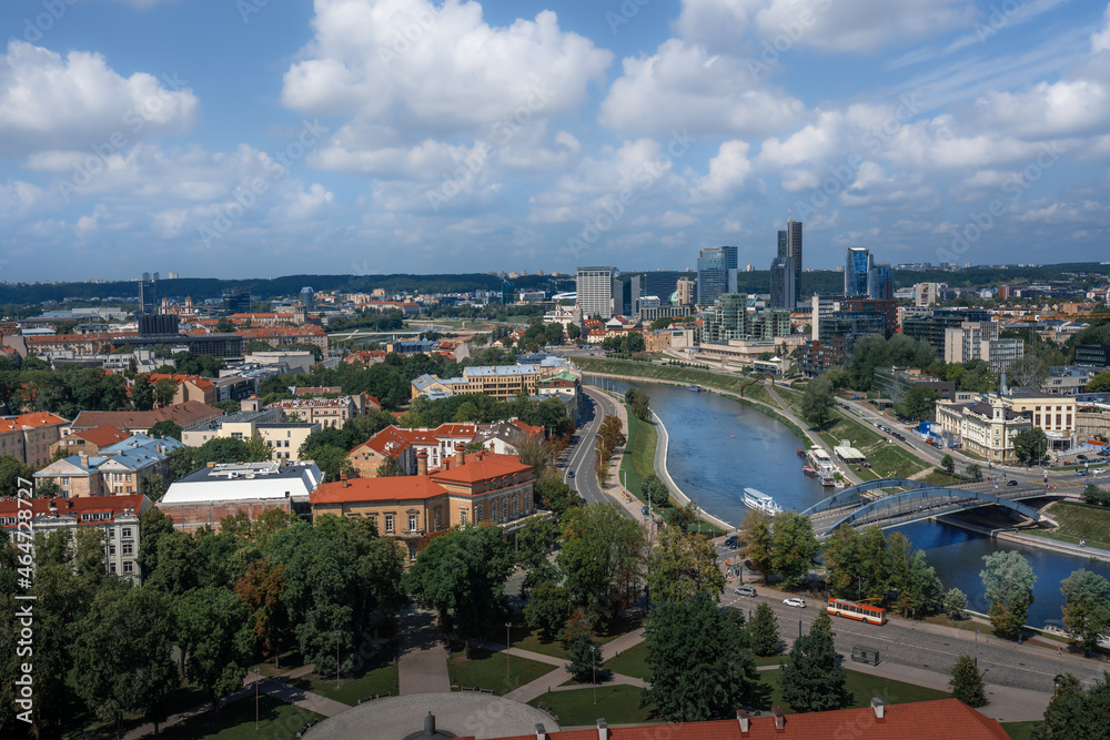 Aerial view of Neris River with the modern buildings of the new city center (southern Snipiskes) - Vilnius, Lithuania