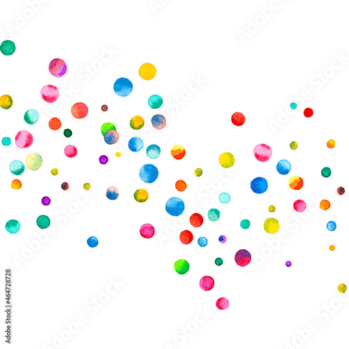 Watercolor confetti on white background. Actual rainbow colored dots. Happy celebration square colorful bright card. Fair hand painted confetti.