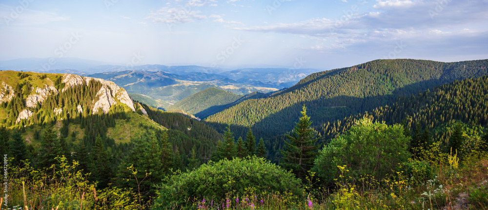 Picturesque nature panoramic view of mountain landscape , summer day. Beautiful sky. Kopaonik mountain. Serbia. Europe.