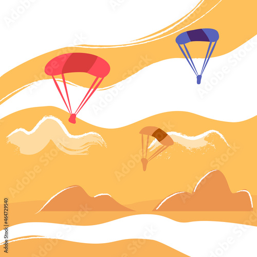 Landscape with Parachutists. Vector Illustration of Nature.