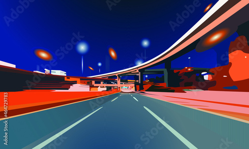 vector illustration depicting a highway in the city and a traffic junction with evening neon lights for prints on banners, postcards, posters and for background design in an urban style